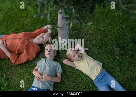 Smiling woman with children lying on grass Stock Photo