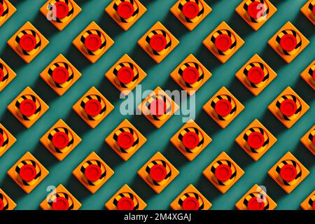 Three dimensional pattern of rows of push buttons flat laid against green background Stock Photo