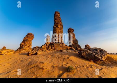 Saudi Arabia, Medina Province, Al Ula, Algharameel pinnacles at dusk Stock Photo