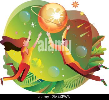 Man and woman flying in the space with planet Stock Vector