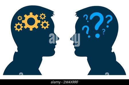 Cutouts of human heads with question marks and cog wheels Stock Photo
