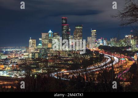 Seattle skyline at night Stock Photo