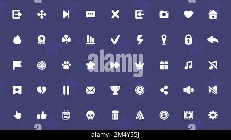 Mobile games icons set on dark violet background. GUI elements for mobile app, vector illustration. Premium quality symbols. Simple pictograms for Stock Vector