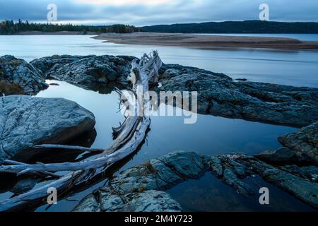 Dawn skies over the Michipicoten River, Rock Island Lodge, Wawa, Ontario, Canada Stock Photo