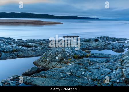 Dawn skies over the Michipicoten River, Rock Island Lodge, Wawa, Ontario, Canada Stock Photo