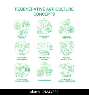 Regenerative agriculture green gradient concept icons set Stock Vector