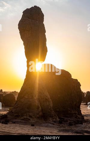 Sunset over the Algharameel rock formations, Al Ula, Kingdom of Saudi Arabia Stock Photo
