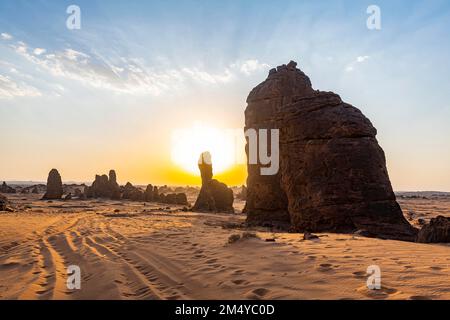 Sunset over the Algharameel rock formations, Al Ula, Kingdom of Saudi Arabia Stock Photo