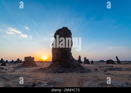Sunset over the Algharameel rock formations, Al Ula, Kingdom of Saudi Arabia Stock Photo