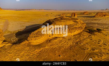 Aerial of the rock tombs, Unesco site Maidain Saleh or Hegra, Al Ula, Kingdom of Saudi Arabia Stock Photo