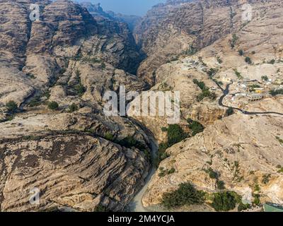 Aerial of the Wadi Lajab canyon, Asir mountains, Kingdom of Saudi Arabia Stock Photo