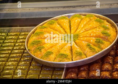 Turkish baklava in tray on display Stock Photo