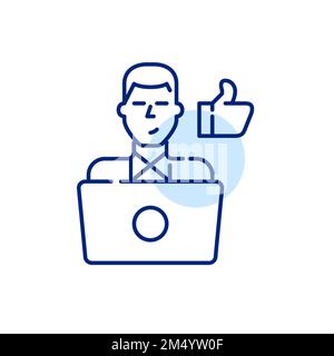 Young man at laptop giving thumbs up. Pixel perfect, editable stroke line icon Stock Vector