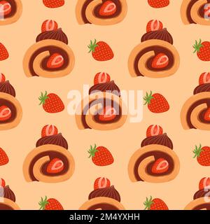 Strawberry vanilla chocolate cake roll seamless pattern. Japanese dessert roll. Stock Vector