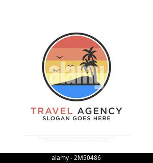 Nature Beach Travel Agency logo design with sunset Beach Outdoor vector illustration template Stock Vector