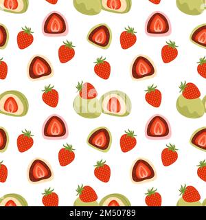 Daifuku seamless pattern vector. Daifuku and strawberries on white background. Japanese desserts. Stock Vector