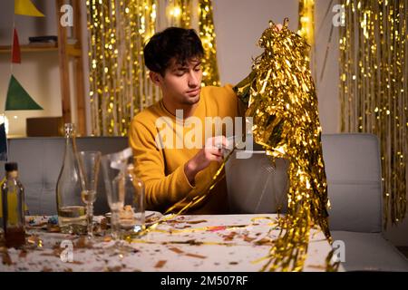 Cleaning in room after New Year party. Copy space Stock Photo