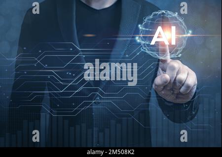 Businessman touching Artificial Intelligence AI in futuristic business and coding software development on interface and synchronize network connection Stock Photo