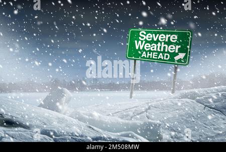 Severe winter Weather and extreme winter blizzard storm ahead as a very cold and windy warning sign as a meteorolgy and meteorological forecasting Stock Photo