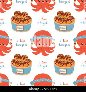 Takoyaki seamless pattern vector asian food. Cute takoyaki on white background. Wallpaper Stock Vector
