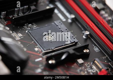 A Closeup of MSI in a computer motherboard isolated on a white background Stock Photo