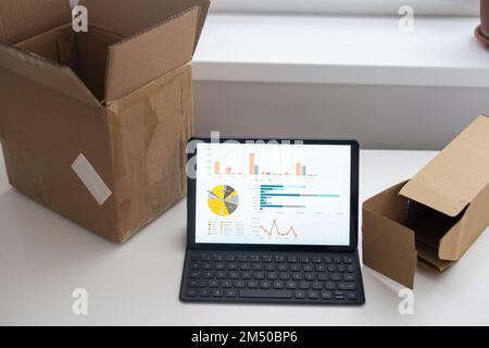 Shopping online e-comerce, Parcel boxes on a laptop. Stock Photo