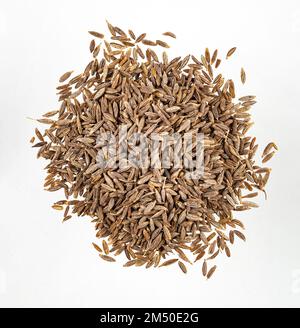 Aroma  spice cumin is scattered on a white isolated background. Top view. Stock Photo