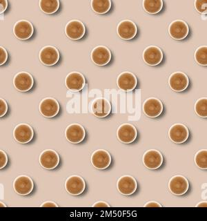 Seamless pattern with black aromatic coffee in a paper craft cup on a brown background. Top view. The concept of eco and zero waste. Eco-friendly use. Stock Photo