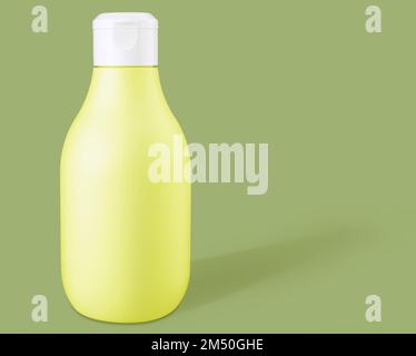 Mockup yellow biodegradable plastic cosmetic bottle on a green background. Front view and copy space Stock Photo