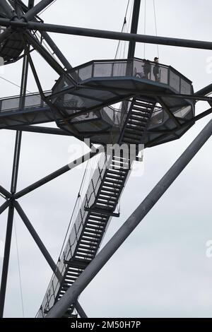 A grayscale of Tetrahedron, accessible viewing terrace Emscherblick in shape of a pyramid on slagheap Stock Photo