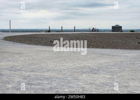 A grayscale of Tetrahedron, accessible viewing terrace Emscherblick in shape of a pyramid on slagheap Stock Photo