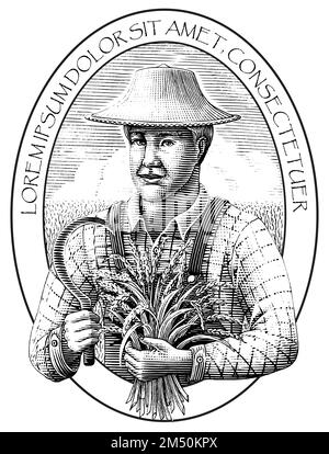 Farmer with rice hand draw vintage engraving style black and white clip art Stock Vector