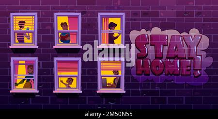 Stay home concept, people in windows during coronavirus pandemic isolation. Neighbors in their apartments spend time reading, using gadgets. Businessman, housewife, boy, Cartoon vector illustration Stock Vector