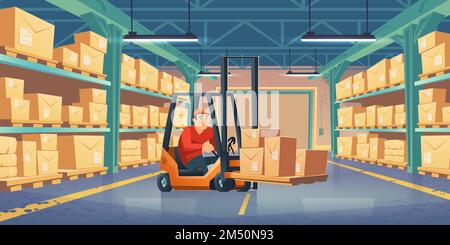 Warehouse with worker, forklift and cardboard boxes on metal racks. Vector cartoon interior of storage room with goods on shelves, lift truck with driver. Storehouse in store, factory, market Stock Vector