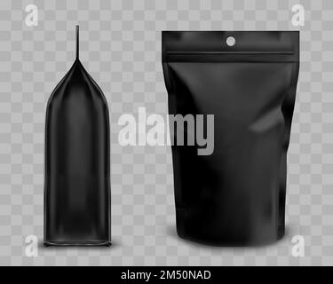 Foil pouch with zipper, doypack for food. Blank stand up plastic bag front and side view. Vector realistic mockup of black flex package with zip lock isolated on transparent background Stock Vector