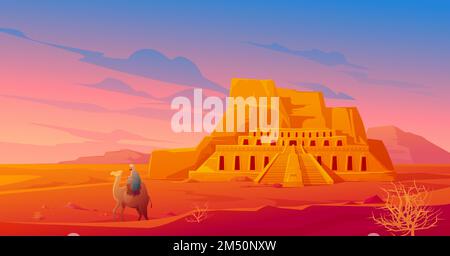 Egypt desert with Hatshepsut temple, camel with arab, mountain and tumbleweed. Vector cartoon landscape of egyptian ancient landmark. Pharaoh tomb in Sahara at sunset Stock Vector