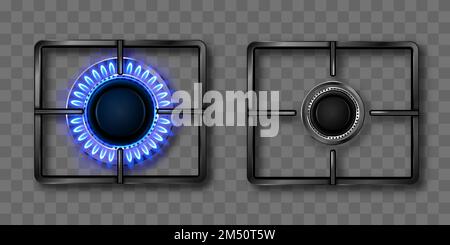 Gas burner with blue flame and black steel grate. Kitchen stove with lit and off hob. Vector realistic set of burning propane butane in oven for cooking top view isolated on transparent background Stock Vector