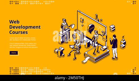 Web development courses isometric landing page. Ai robots and human communicate front of huge computer monitor. Online school, distance education classes, internet marketing 3d vector line art banner Stock Vector