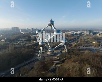 Brussels, 17th of December 2022, Belgium. The Atomium is a monument in the Heysel Park in Brussels. steel construction consisting of nine spheres Stock Photo