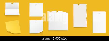 Paper notes set, white notebook sheets pinned on wall, blank folded and ragged pages. Memo pads, daily planner, empty sticky notes isolated on yellow background. Realistic 3d vector illustration Stock Vector