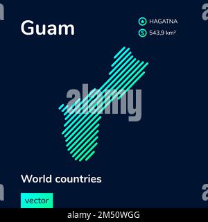 Vector creative digital neon flat line art abstract simple map of Guam with green, mint, turquoise striped texture on dark blue background. Educationa Stock Vector