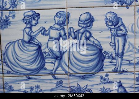 Design of Ceramic tiles of azulejos people at Castile-La Mancha lifestyle inTalavera de la Reina, Spain Stock Photo