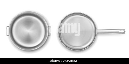 Metal cooking pot and frying pan top view. Vector realistic mockup of empty steel saucepan and skillet. Stainless casserole with handles isolated on white background Stock Vector