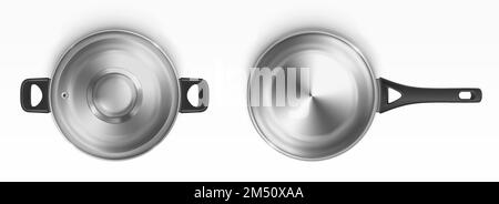 Steel pot and cooking pan top view. Empty open metal saucepan with plastic handles. Stainless casserole dish isolated on white background. Kitchen utensil, iron cookware realistic 3d vector mockup Stock Vector