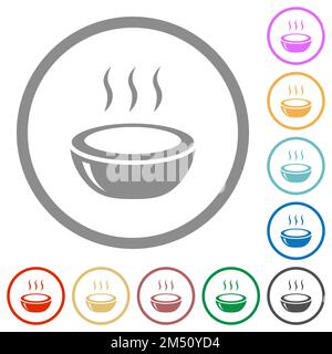 Glossy steaming bowl flat color icons in round outlines on white background Stock Vector