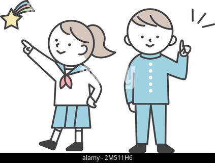 Male and female junior and senior high school students wearing uniforms and pointing Stock Vector