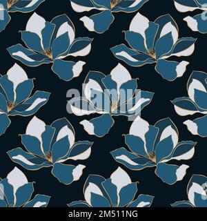 Magnolia dark blue pattern,contour flowers gold and dark background. Vector illustration Stock Vector