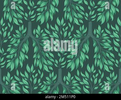 Seamless pattern with human lungs from leaves and branches on dark green background. Clean natural air. Save the earth and the environment. Vector Stock Vector