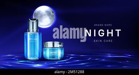 Cosmetics for night skin care banner. Pump bottle and cream jar on