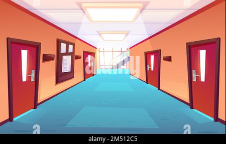 School corridor, hallway of college or university. Empty interior with closed doors, timetable board, floor-to-ceiling window, stairs perspective view. Educational campus, cartoon vector illustration Stock Vector